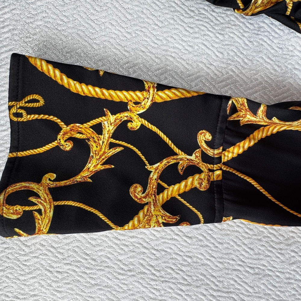 Ganni Silk Stretch Blouse Gathered Fitted Black & Gold Baroque - Picture 7 of 16